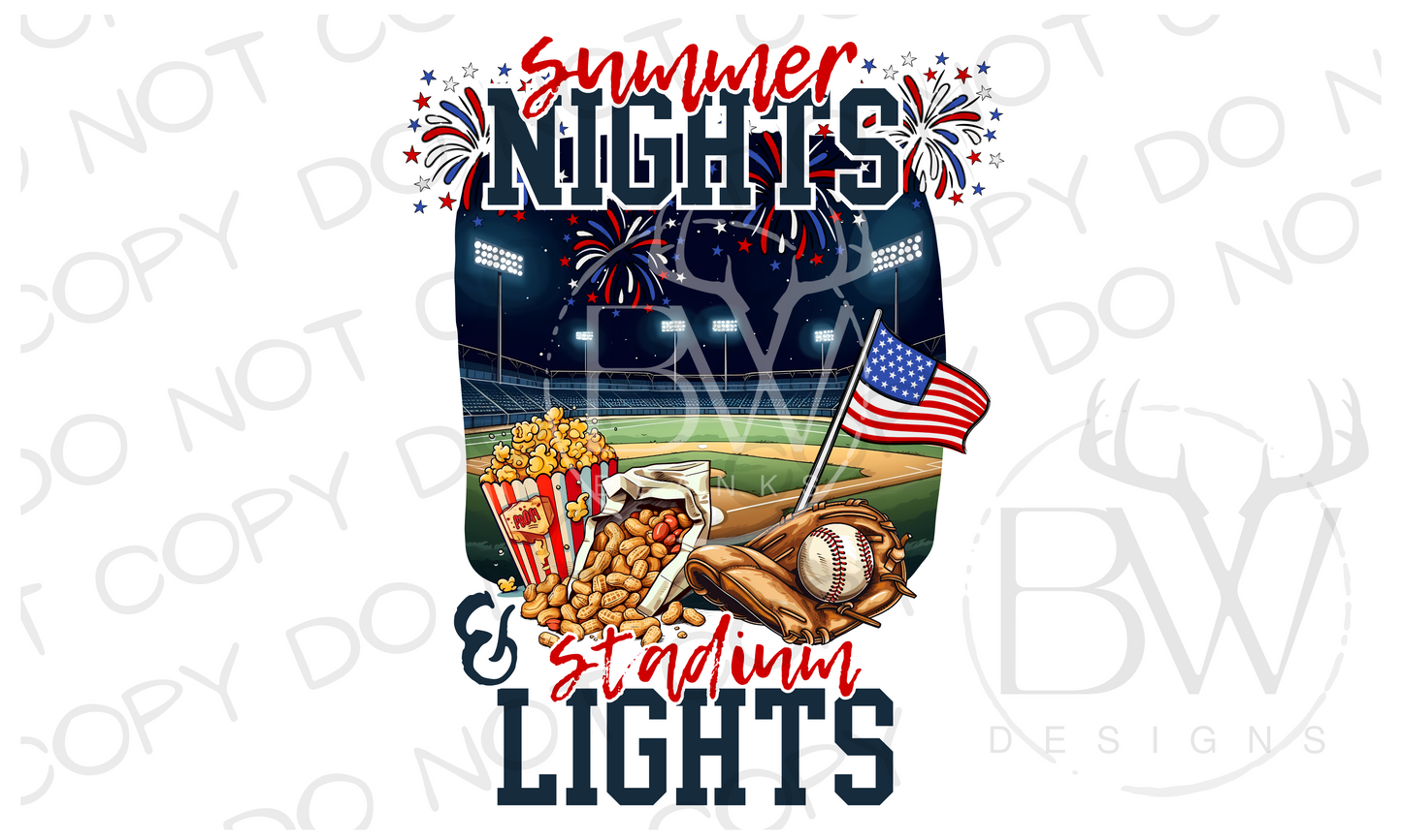 Summer Nights & Stadium Lights Baseball Fourth of July Digital Download PNG