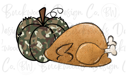 Doodle Turkey & Camo Pumpkin Thanksgiving Digital Download PNG